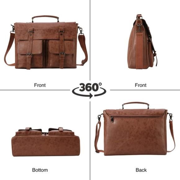 PU Leather Messenger Bag for Men, Vintage Leather Laptop Bag, 17.3 Inch - Picture 3 of 6